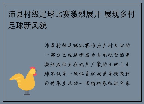 沛县村级足球比赛激烈展开 展现乡村足球新风貌