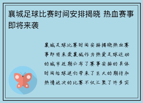 襄城足球比赛时间安排揭晓 热血赛事即将来袭
