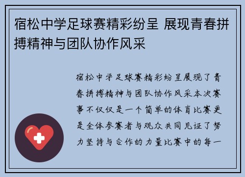 宿松中学足球赛精彩纷呈 展现青春拼搏精神与团队协作风采