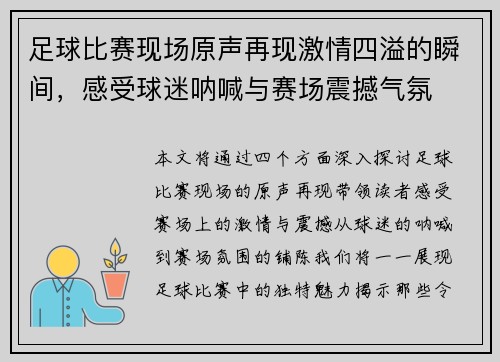 足球比赛现场原声再现激情四溢的瞬间，感受球迷呐喊与赛场震撼气氛