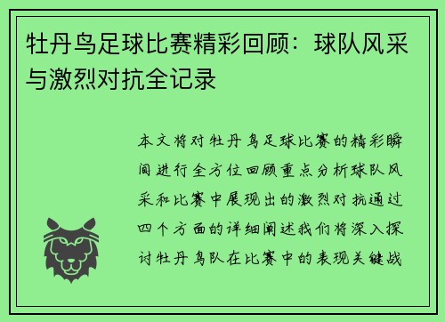 牡丹鸟足球比赛精彩回顾：球队风采与激烈对抗全记录