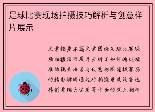足球比赛现场拍摄技巧解析与创意样片展示
