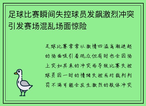 足球比赛瞬间失控球员发飙激烈冲突引发赛场混乱场面惊险
