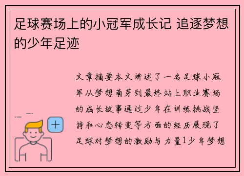 足球赛场上的小冠军成长记 追逐梦想的少年足迹