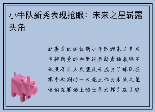 小牛队新秀表现抢眼：未来之星崭露头角