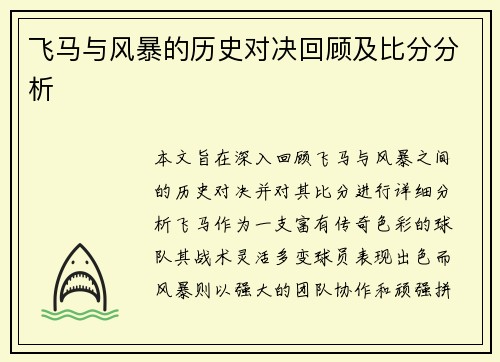 飞马与风暴的历史对决回顾及比分分析