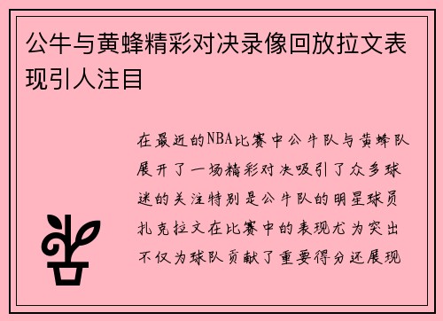 公牛与黄蜂精彩对决录像回放拉文表现引人注目