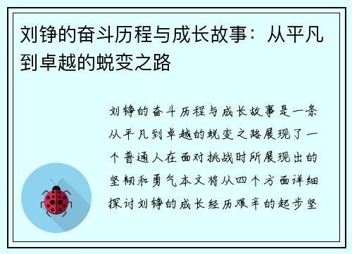 刘铮的奋斗历程与成长故事：从平凡到卓越的蜕变之路