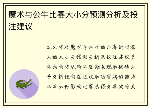 魔术与公牛比赛大小分预测分析及投注建议
